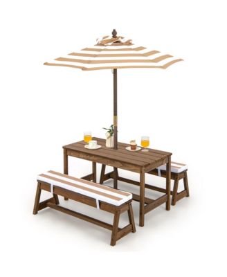 Kids Wood Picnic Table and Bench Set With Cushions Umbrella for Indoor Outdoor