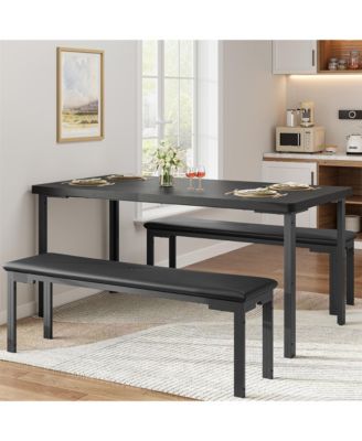 3 Pieces Dining Room Table Set for 4, Compact Kitchen Table Set with 2 Upholstered Benches, Rectangle Modern Dining Table Chair for Small Space