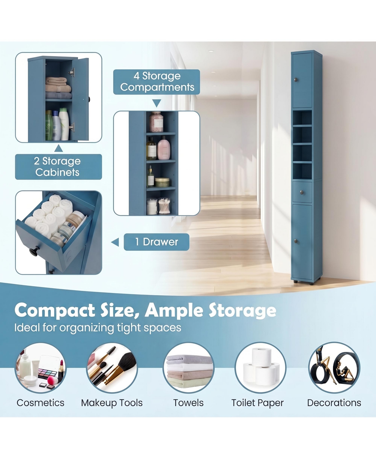 Costway Slim Bathroom Tall Cabinet with 2 Doors