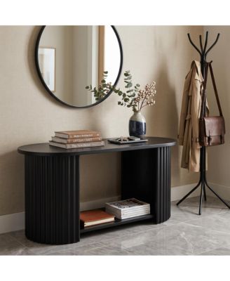 Half-Round Fluted Coffee Table, Modern Ribbed Side Support Center Table with Open Storage Compartment