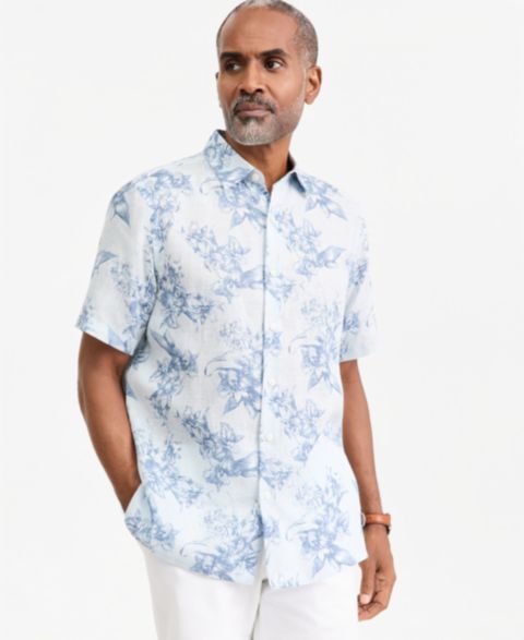 Мужская рубашка Club Room Linen Floral-Print Short-Sleeve, цвет: Тёмно-синий