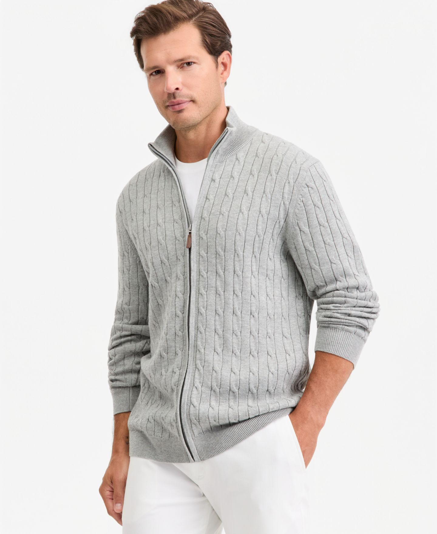 Мужской свитер Club Room Cable-Knit Full-Zip, цвет: Morningdove Hth — фото 1