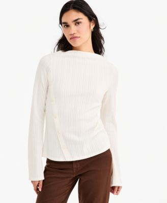 Women's Boat-Neck Asymmetrical-Button-Placket Bell-Sleeve Blouse
