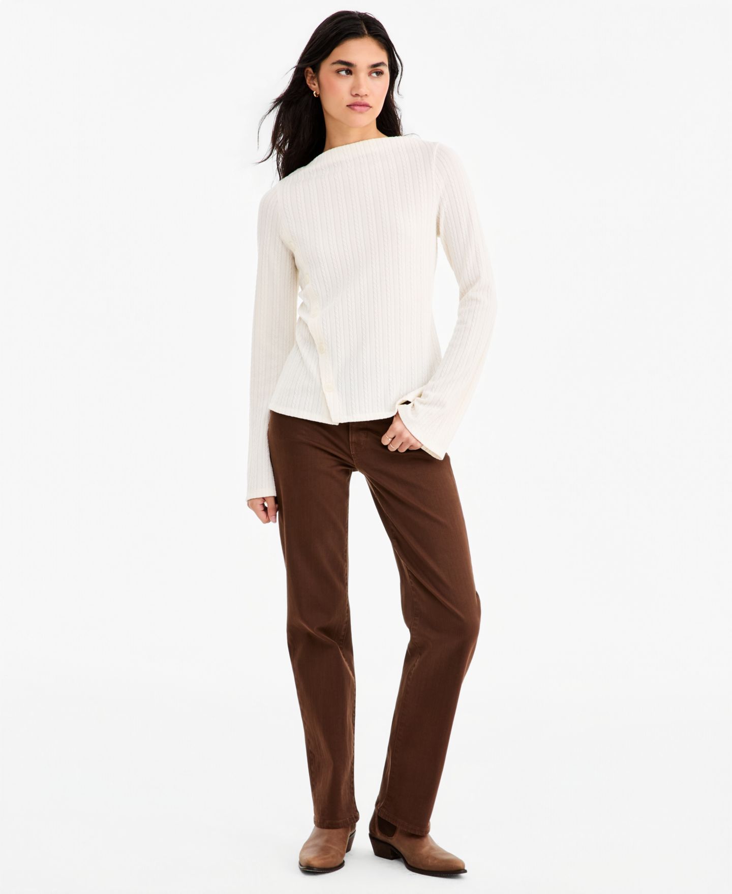 Женская блузка Liverpool Los Angeles Boat-Neck Asymmetrical-Button-Placket Bell-Sleeve, цвет: Костяной — фото 4