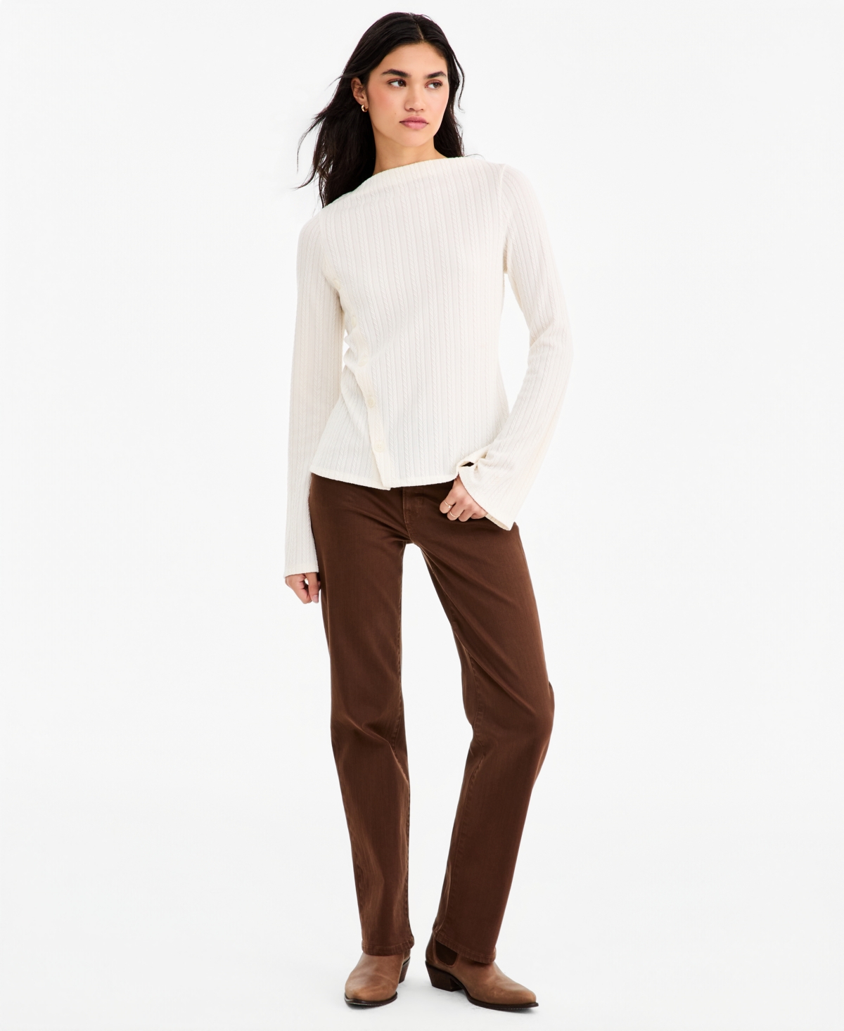 Liverpool Los Angeles Women's Boat-Neck Asymmetrical-Button-Placket Bell-Sleeve Blouse