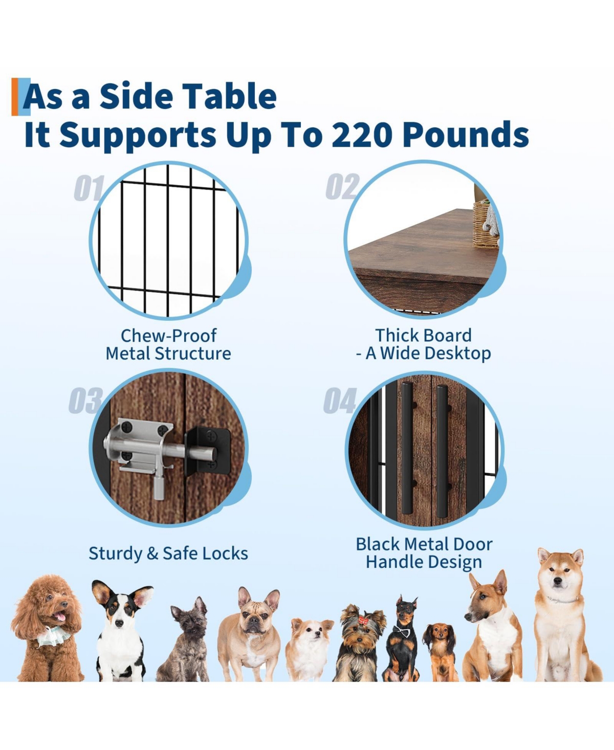 homfan Chew-Resistant Wooden Dog House Furniture for Small/Medium Dogs, Indoor Kennel End Table with Double Doors and Secure Metal Frame