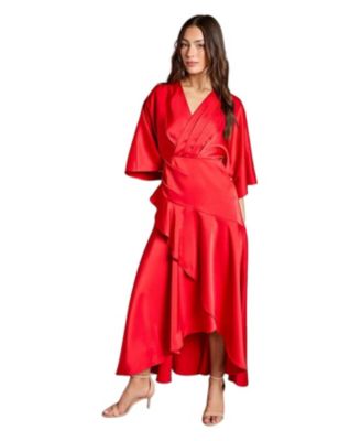 Women's Satin Back Crepe Ruffle Wrap Midi Dress