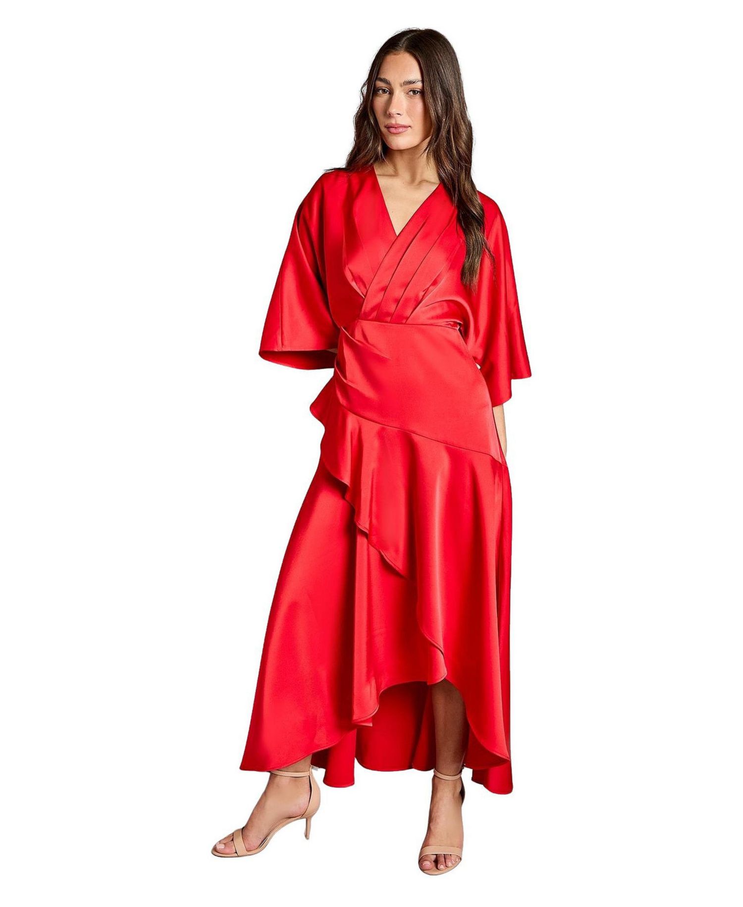 Women's Satin Back Crepe Ruffle Wrap Midi Dress
