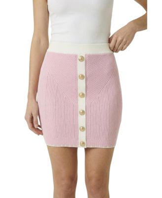 Women's Ribbed Knit Contrast-Trim Button-Front Mini Skirt
