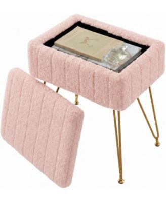 Vanity Stool with Storage, Faux Fur Ottoman with Metal Legs and Anti-Slip Feet, 15.7 x 11.8 x 18.7 Inches Soft Furry Padded Seat Foot Rest