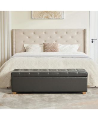 Ottoman with Storage, Faux Leather Upholstered End of Bed Bench with Safety Hinge, Tufted End of Bed Bench, for Living Room Bedroom