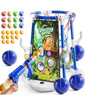4-in-1 Pool Basketball Hoop Floating Ring Game With Balls Air Pump Launcher For Kids