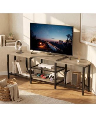 TV Stand with 4 Open Storage Shelves, Corner Entertainment Center with Power Outlets, Media Console for Living Room with LED Lights