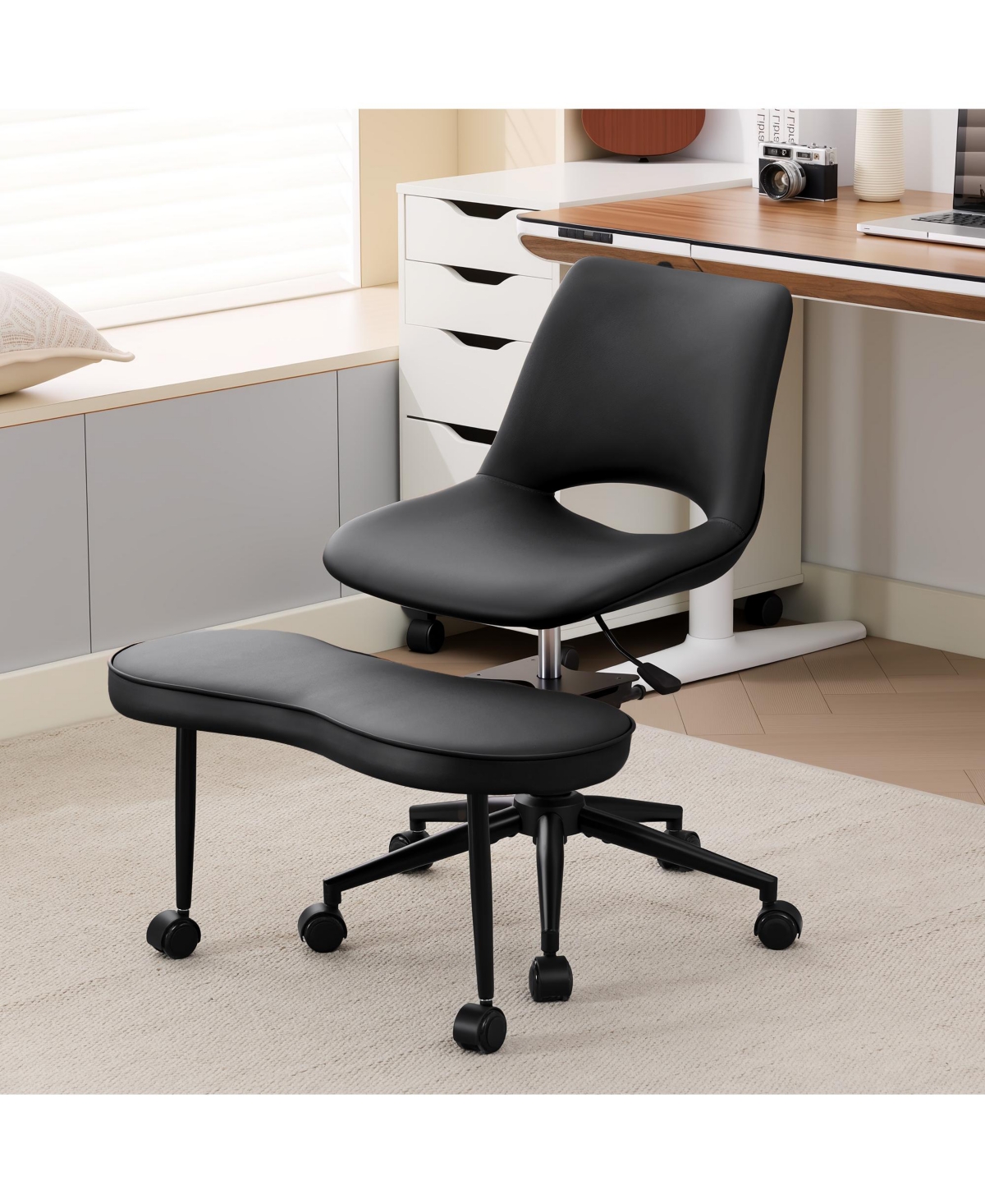 homfan Cross-Legged Office Chair with Wheels, 360degree(s) Swivel, Height Adjustable Seat, Wide Criss Cross Design with Lumbar Support