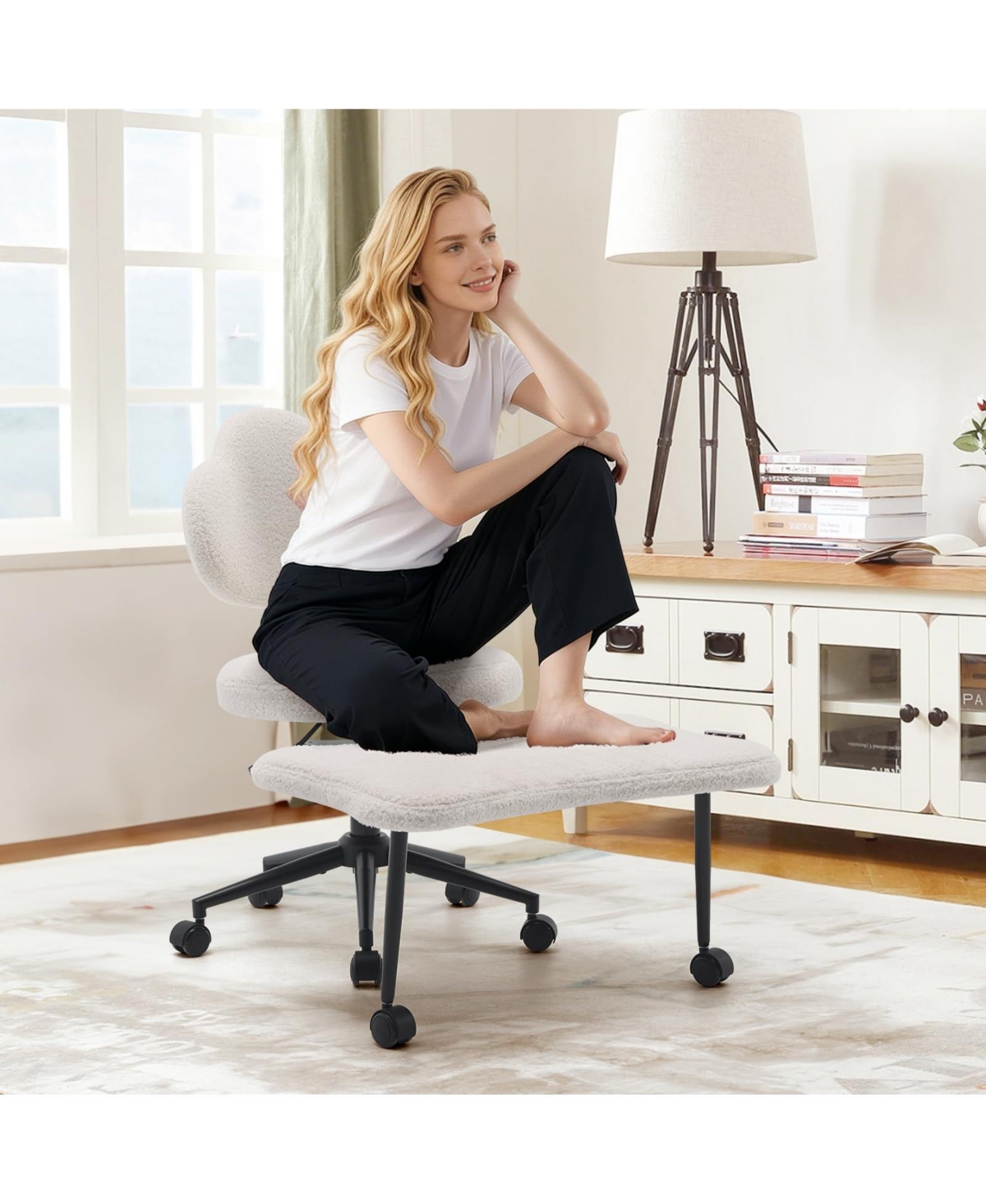 homfan Cross-Legged Office Chair with Cloud Backrest, Adjustable Height, Retractable Footrest, 360degree(s) Seat for Home