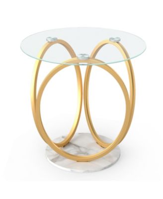 Modern Round Side Table with Faux Marble Base and Glass Tabletop
