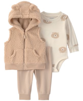 Baby Boys' Bear Teddy Fleece Layering Long-Sleeve Bodysuit, Vest and Pants, 3-Piece Set 