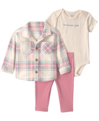 Baby Girls' Plaid Fleece Layering Short-Sleeve Bodysuit, Shirt and Pants, 3-Piece Set
