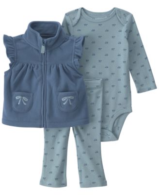 Baby Girls' Bows Fleece Layering Long-Sleeve Bodysuit, Vest and Pants, 3-Piece Set