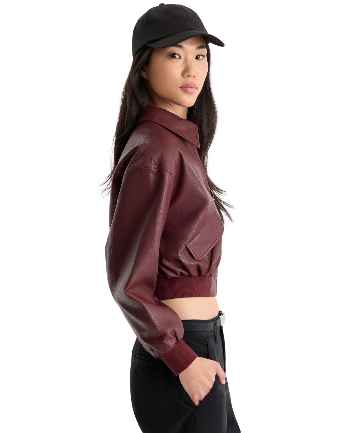 Женская куртка Good American Leather Bomber, цвет: Ягодный чёрный — фото 3