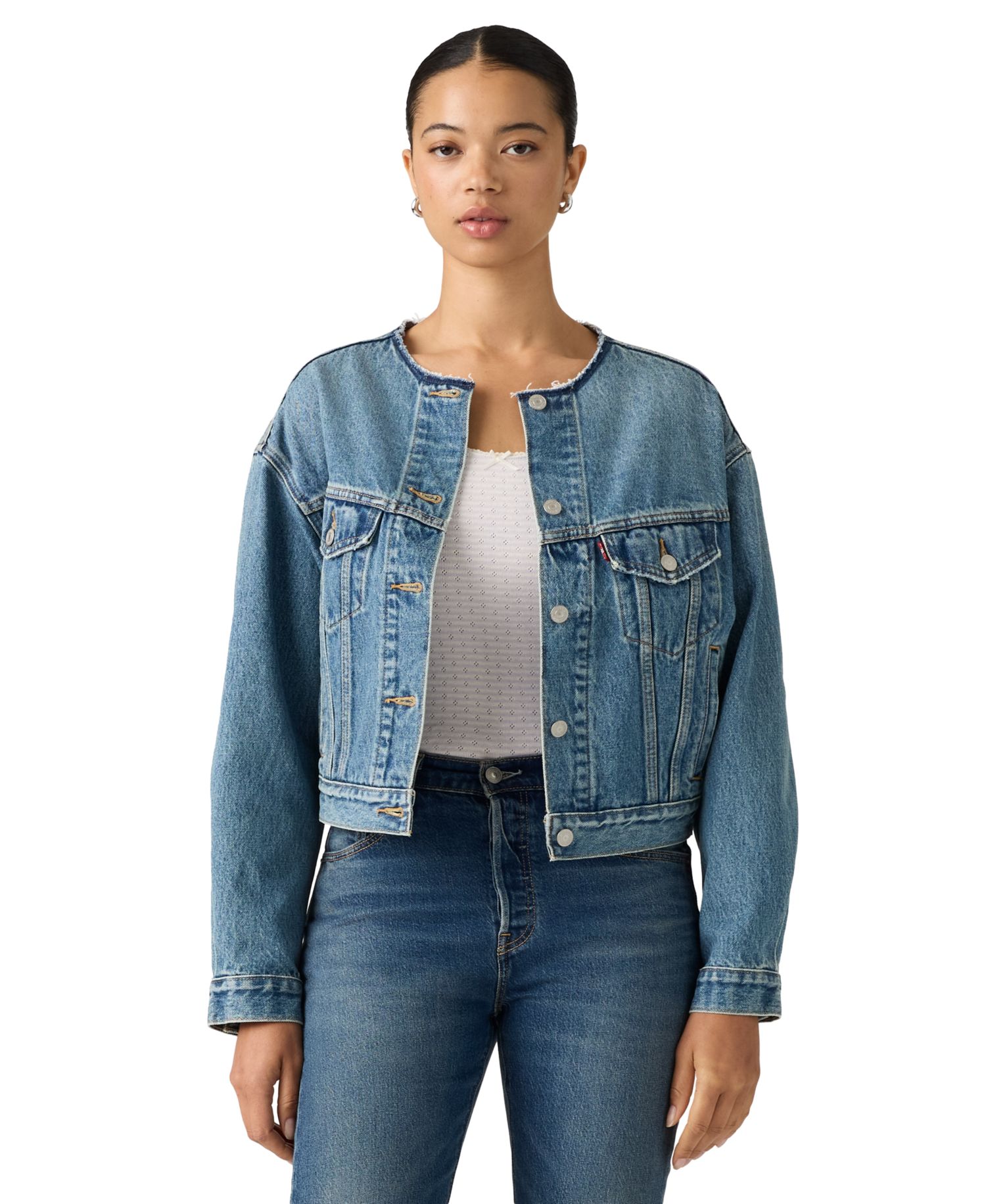 Women's Collarless Shrunken Trucker Jacket