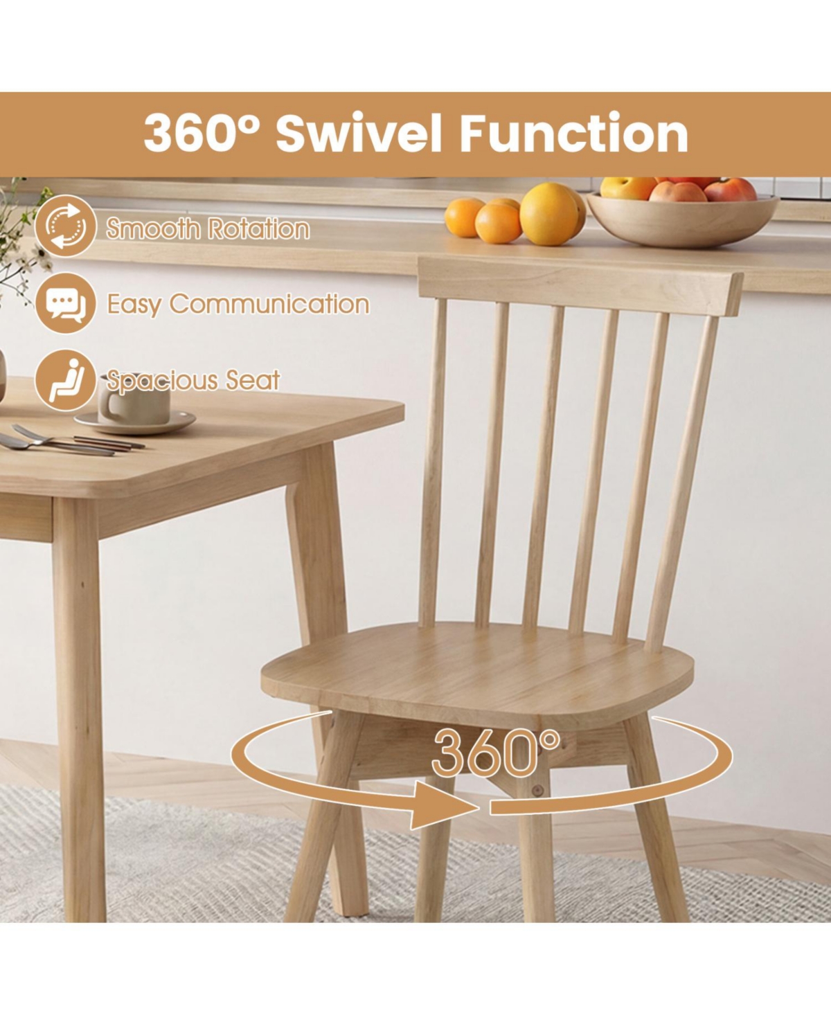 Slickblue Set of 2 Windsor Dining Chairs with Swivel Seat Rubber Wood Frame