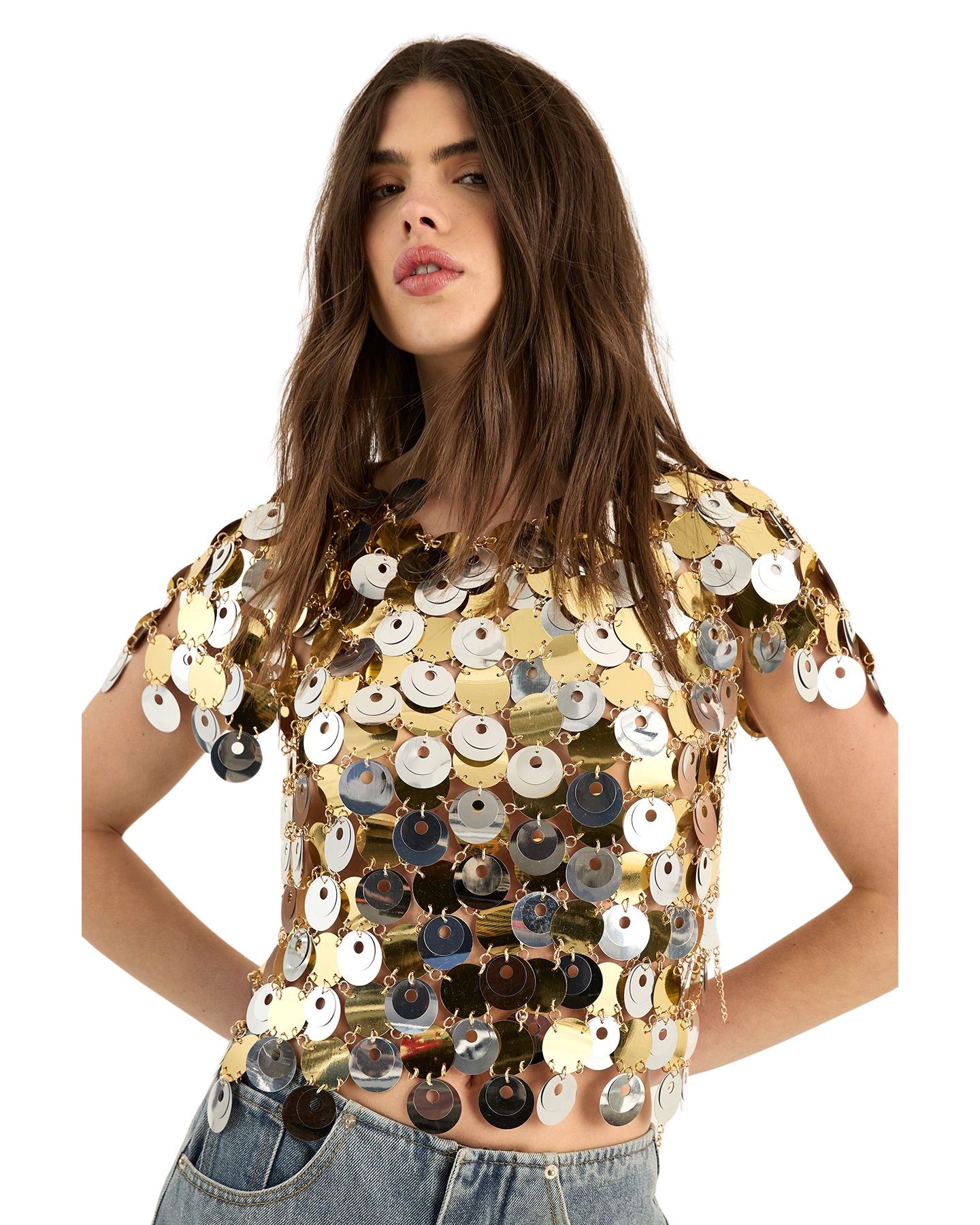 Женский топ Nasty Gal Chainmail Disc Short Sleeve, цвет: Золотой — фото 4