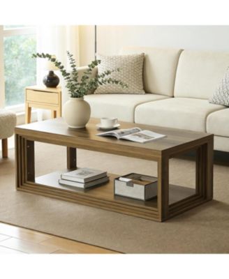 47" Modern Coffee Table, Farmhouse Rectangular Living Room Table with 2-Tier Storage Shelf