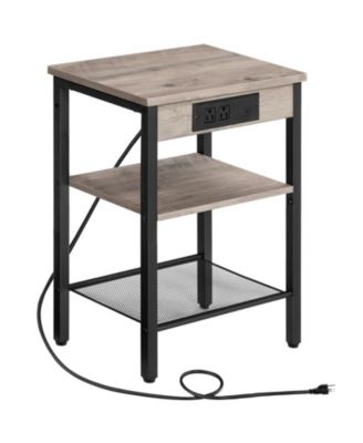 Side Table with 3 Shelves and Built-In Charging Station for Bedroom