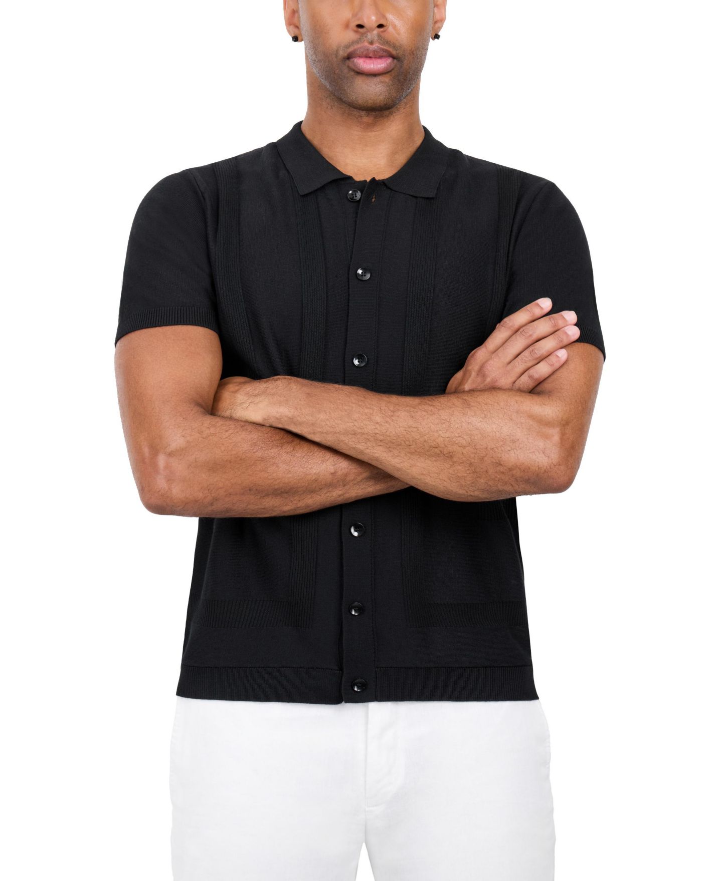 Мужской свитер SPRING + MERCER Classic Ribbed Texture Polo Sweater Shirt, цвет: Чёрный — фото 5