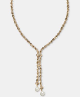 Imitation Pearl Rope Chain Lariat Necklace, 17" 