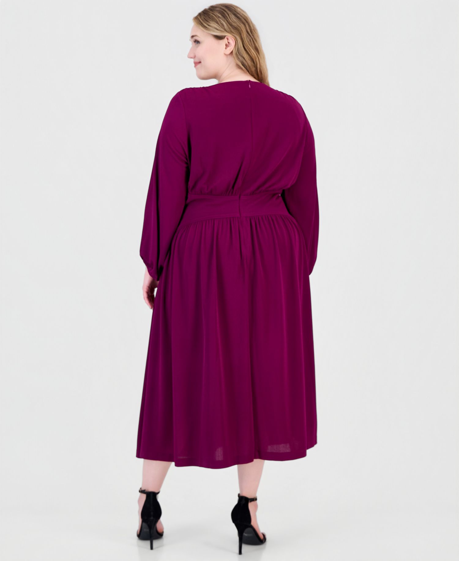 Plus Size Cross Long-Sleeve Fit & Flare Midi Dress