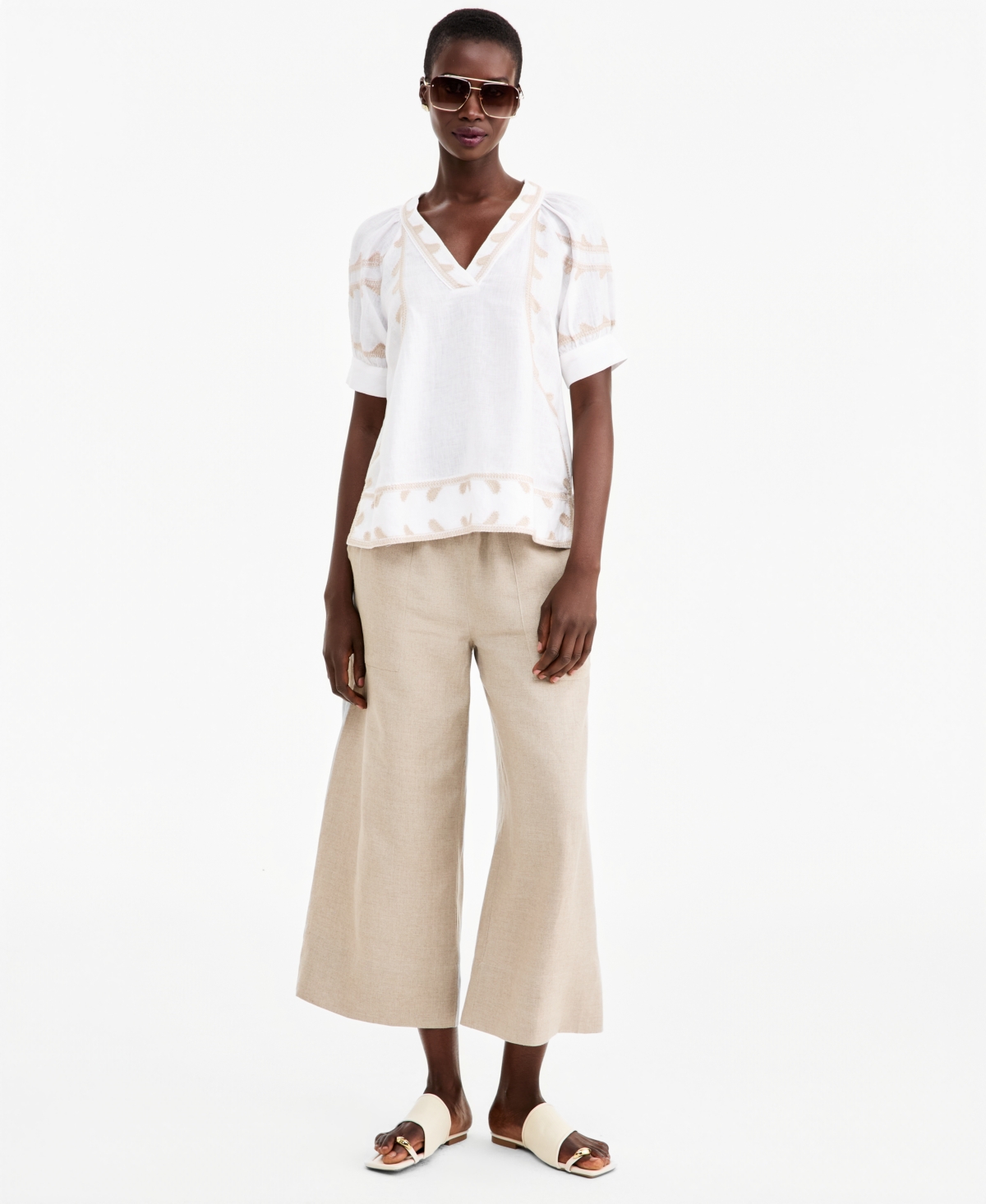 Charter Club Women's Linen Puff-Sleeve Embroidered Blouse, Macy's Exclusive