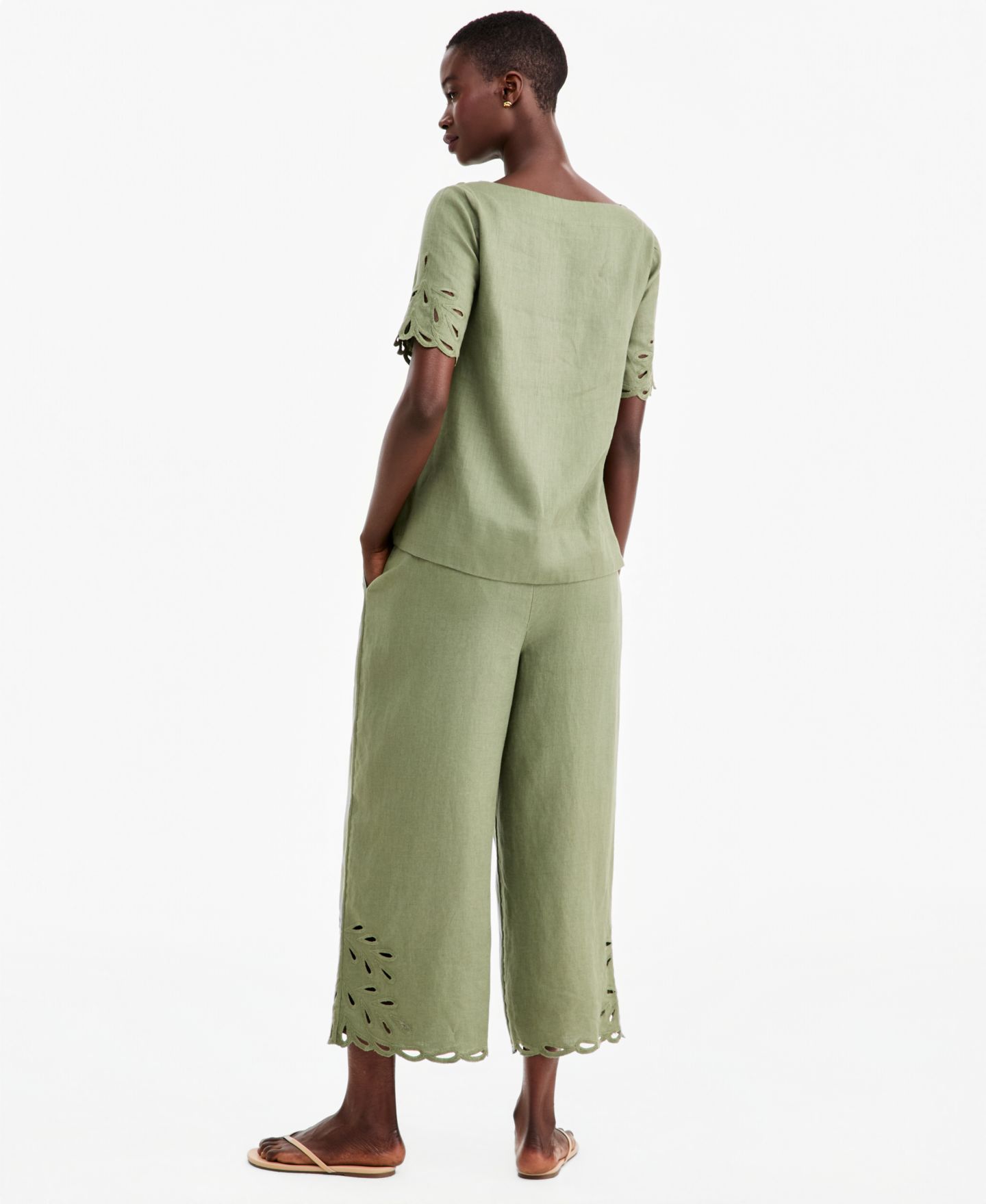 Женские брюки Charter Club Linen Eyelet-Hem Cropped Wide-Leg, цвет: Холодный оливковый — фото 6