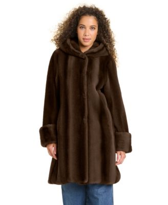 Petite Hooded Faux-Fur Polyester Mid-Length Coat, Created for Macy's