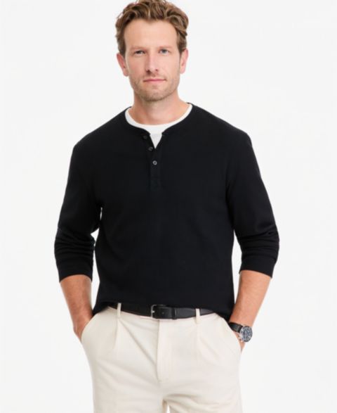 Мужская рубашка Club Room Regular-Fit Ribbed Henley, цвет: Глубокий чёрный