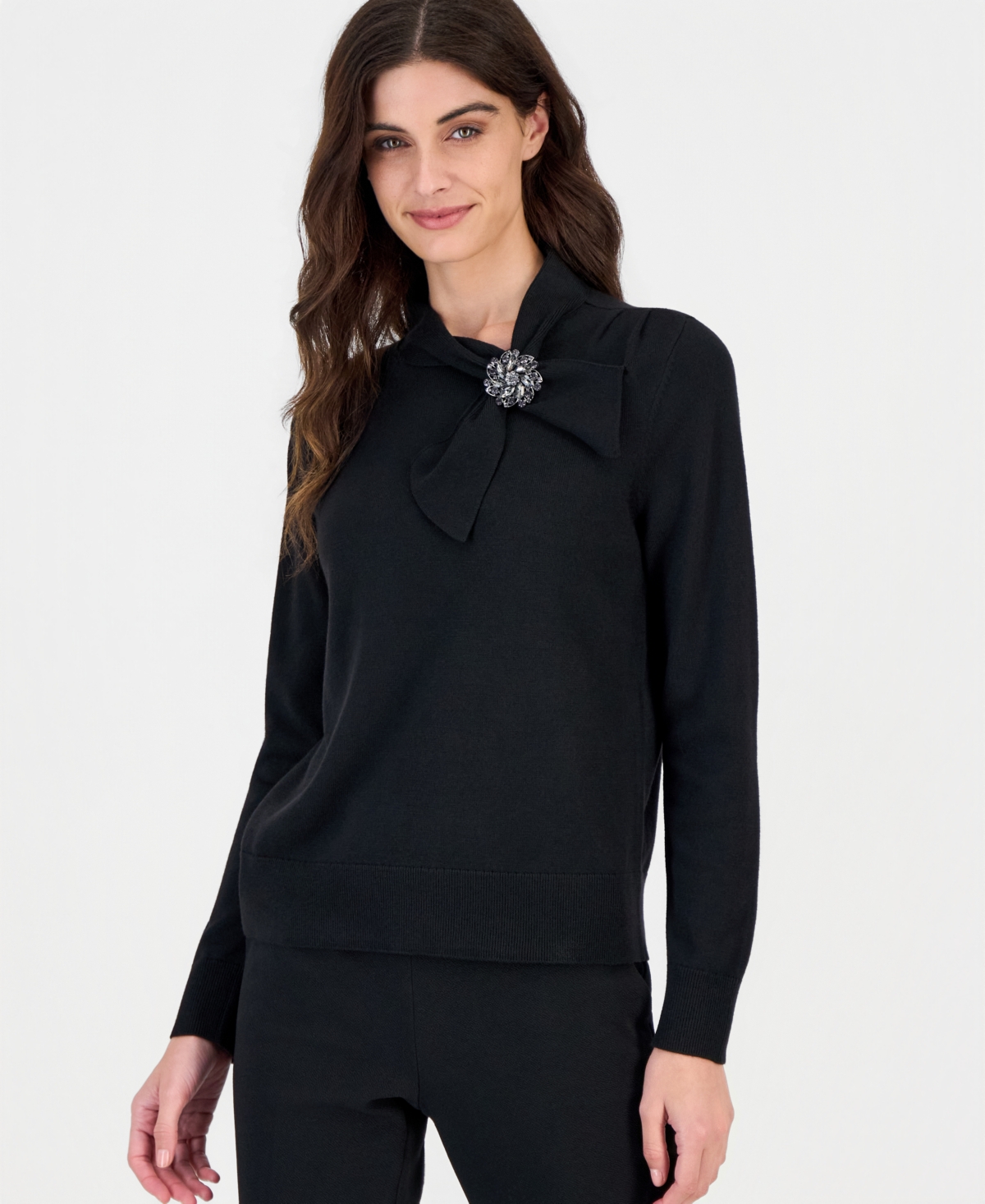 Kasper Women's Mock-neck Pleated-shoulder Sweater With Brooch In Black