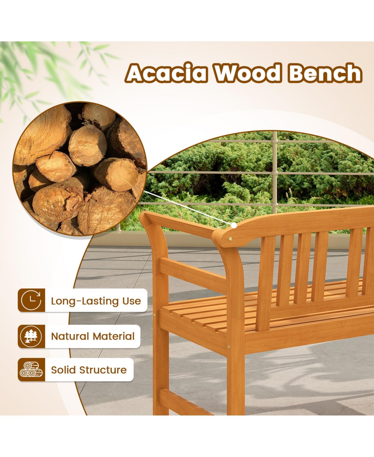 Slickblue 2-Person Outdoor Loveseat with Acacia Wood Frame and Armrests