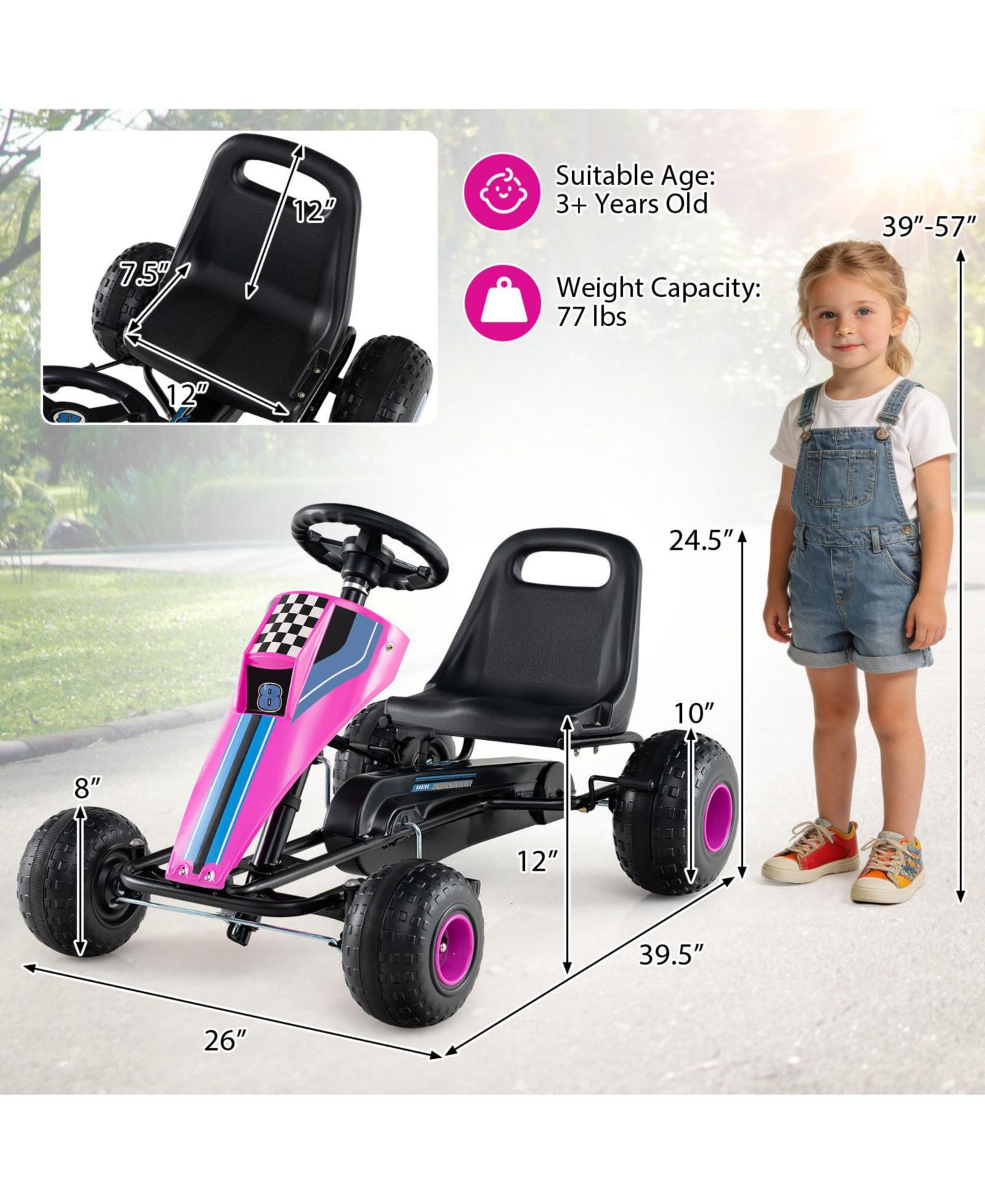 Детская игрушка Gymax 4-Wheel Pedal Go Kart with Steering Wheel, от 3 лет, цвет: Розовый — фото 3