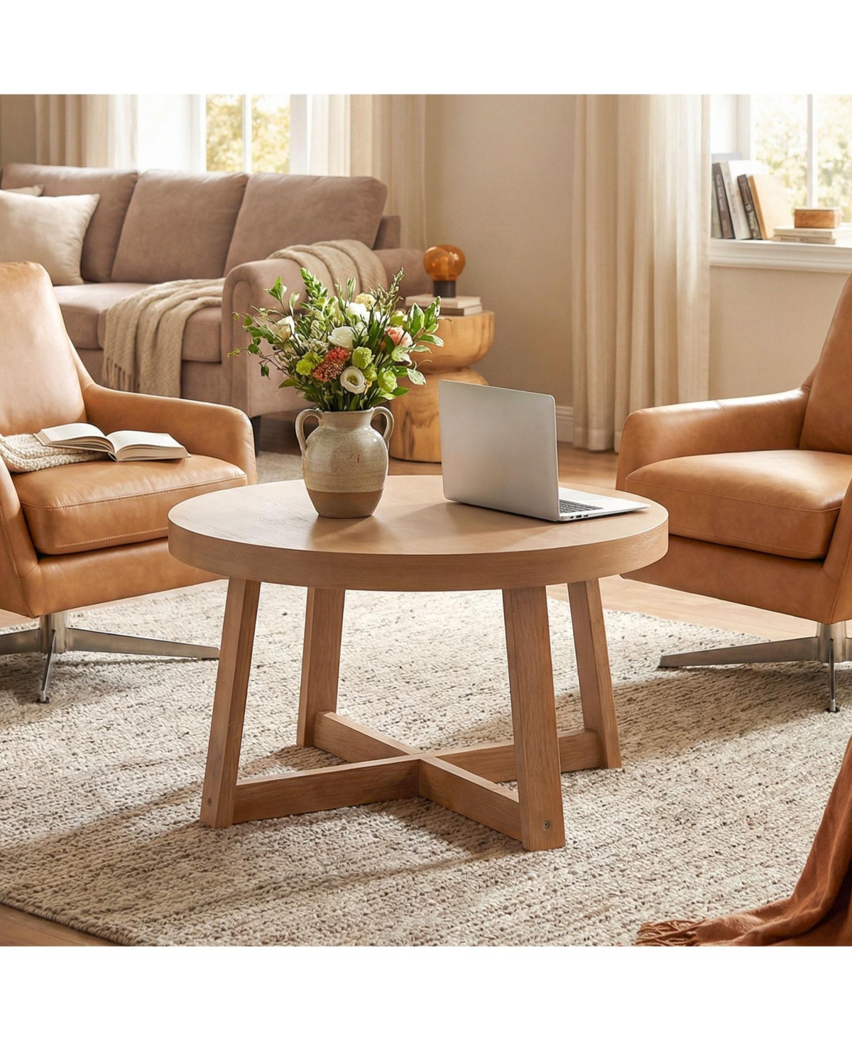 Gymax 30'' Round Coffee Table with Solid Wood Cross-Shaped Base.Farmhouse Accent Tea Table