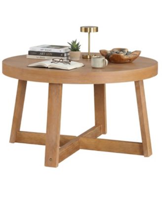 30'' Round Coffee Table with Solid Wood Cross-Shaped Base.Farmhouse Accent Tea Table