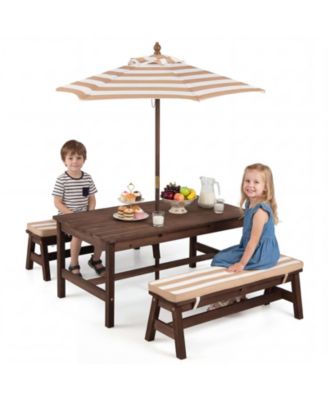 Kids Picnic Table Outdoor Wooden Table and Bench Set with Removable Umbrella