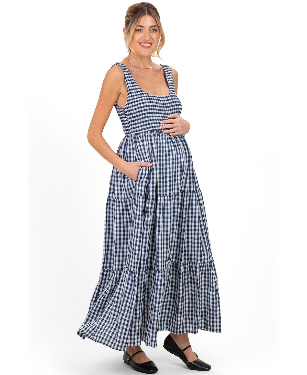 Pinkblush Maternity Blue Gingham Sleeveless Tiered Maxi Dress view 2 — MAYCSS fashion products