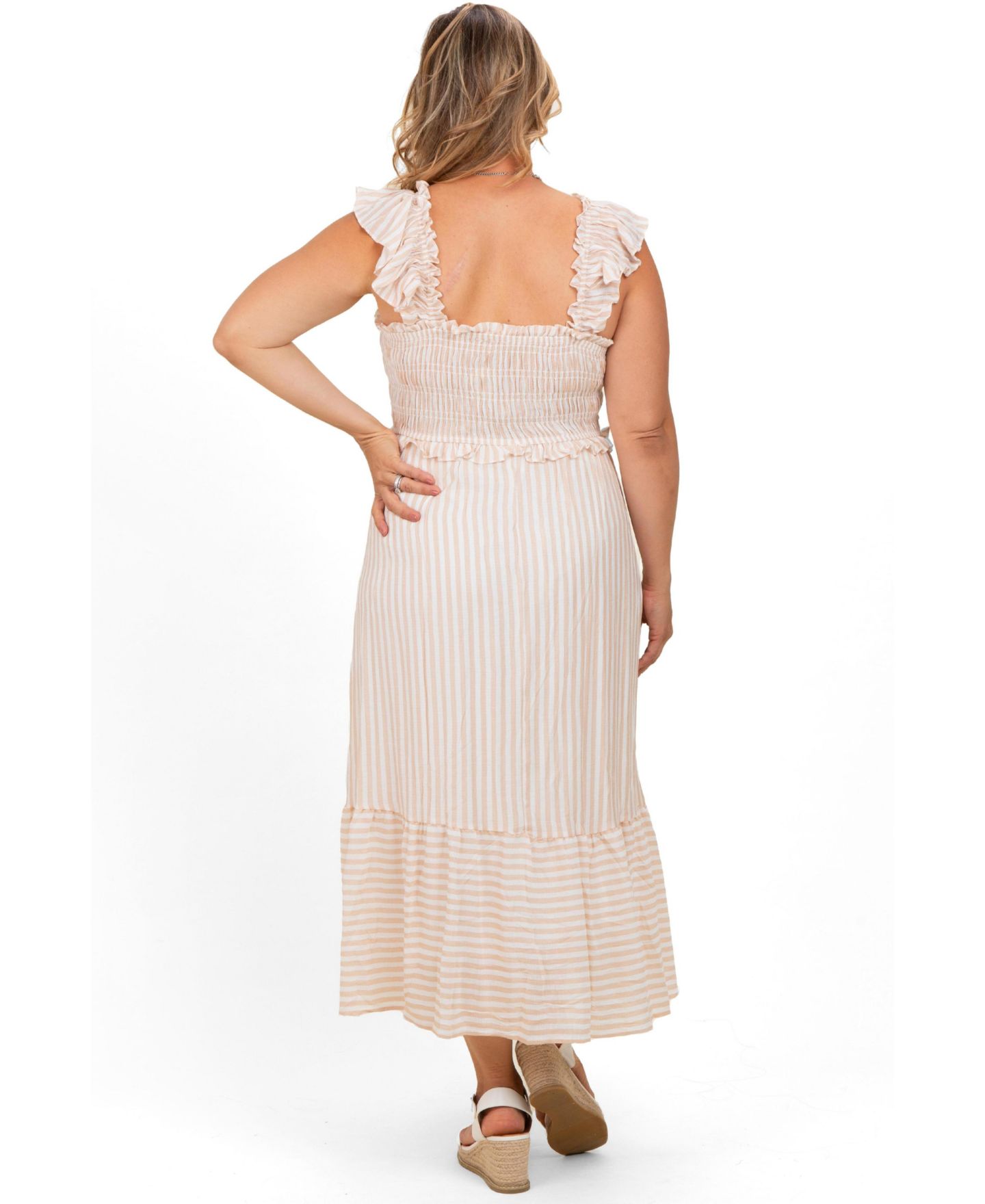 Женское платье Pinkblush Plus Size Light Khaki Striped Smocked Midi, цвет: Бежевый — фото 3
