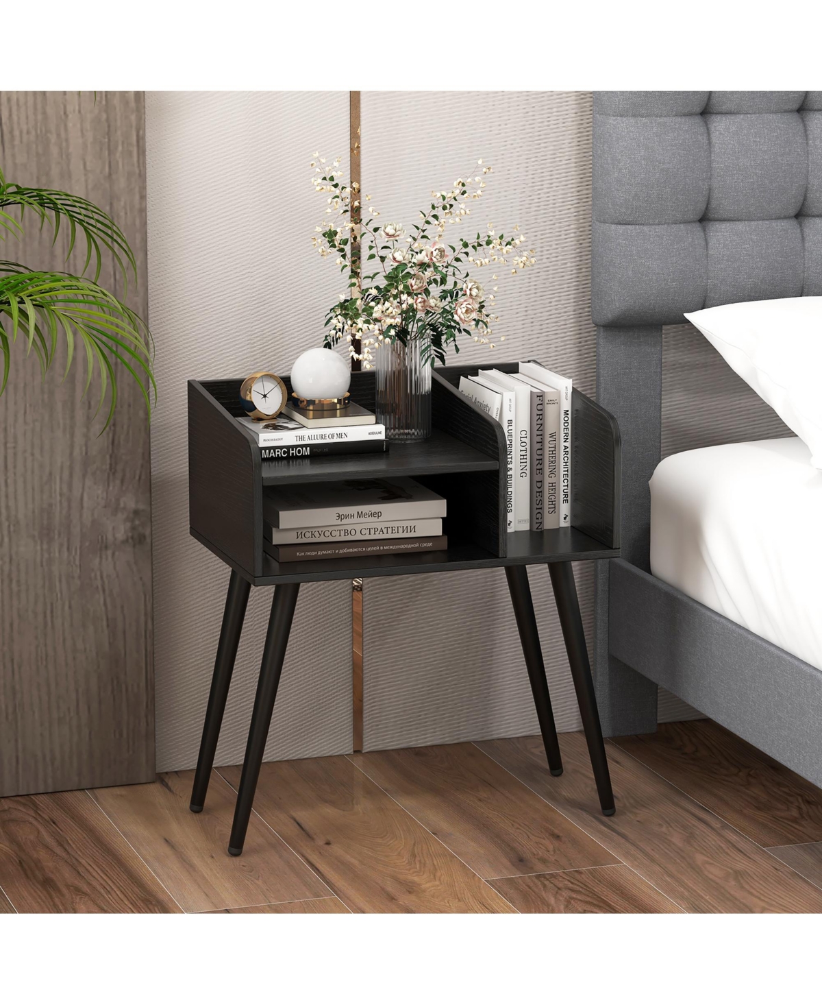 Gymax Set of 2 Mid Century Modern End Table with Open Shelves Metal Support Legs