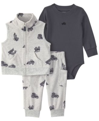 Baby Boys' Construction Fleece Sleeveless Layering Vest, Bodysuit and Pants, 3-Piece Set