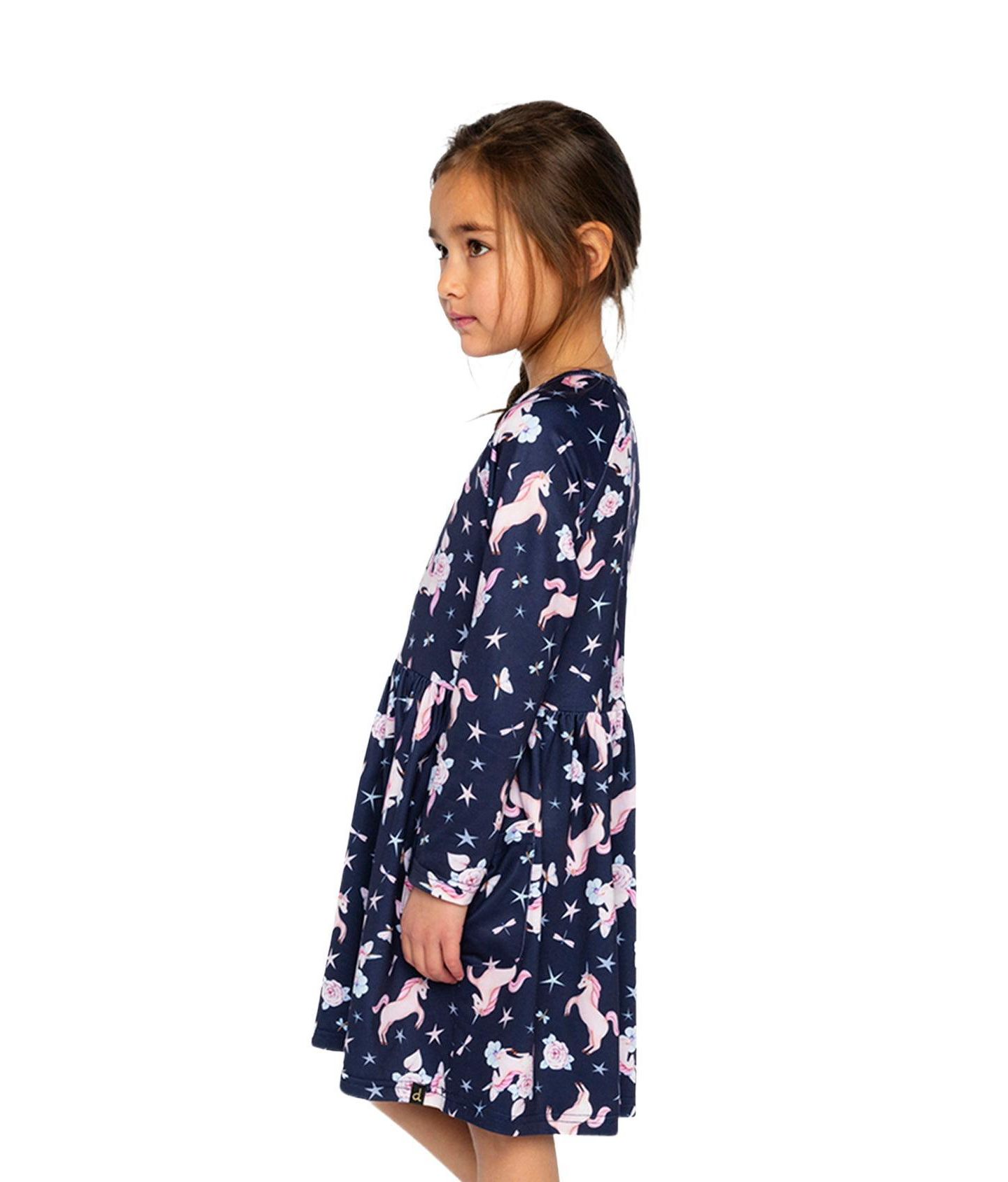 Платье Deux par Deux Long Sleeve Unicorn Print Dress для девочек, цвет: Тёмно-синий с принтом — фото 3
