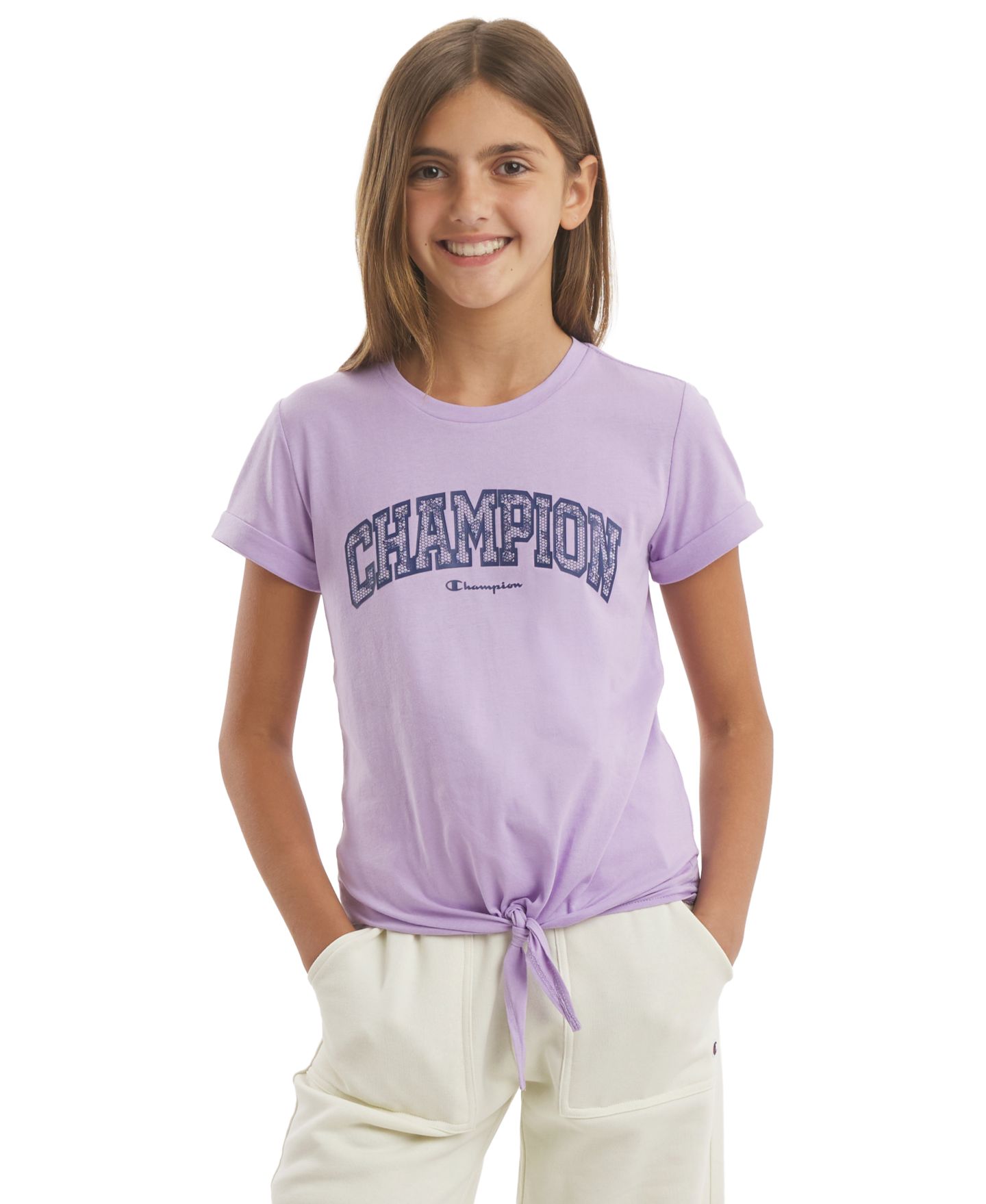 Футболка Champion Tie Front Graphic Short-Sleeve T-Shirt для девочек, цвет: Фиолетовый розовый — фото 1