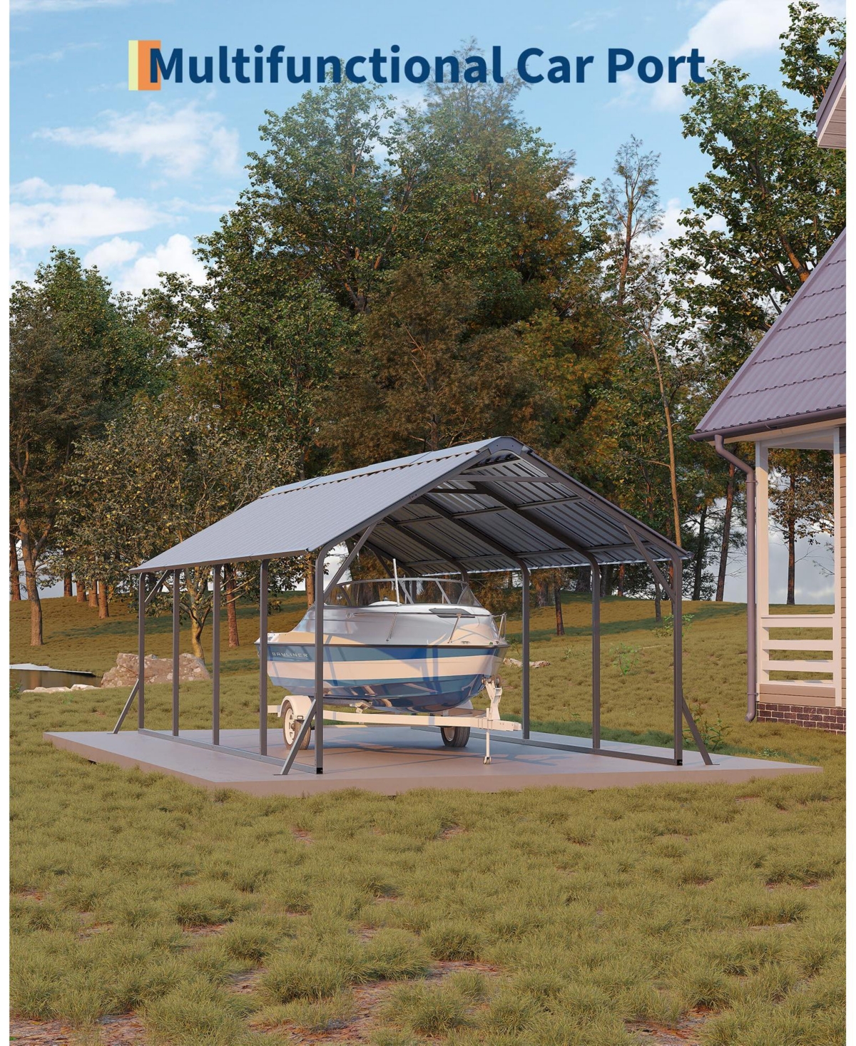 homfan Iron Vertical Rib Carport for Cars Trucks, Heavy Duty Outdoor Metal Vehicle Shelter with Steel Roof