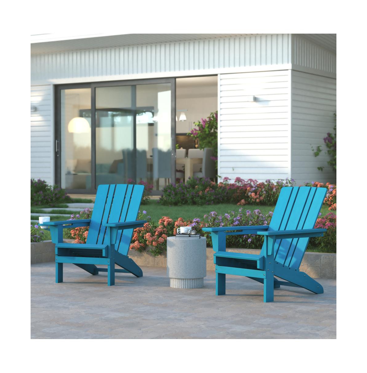 Emma+Oliver Haley Set of 2 Adirondack Chairs with Cup Holders, Weather Resistant Hdpe Adirondack Chairs - Blue